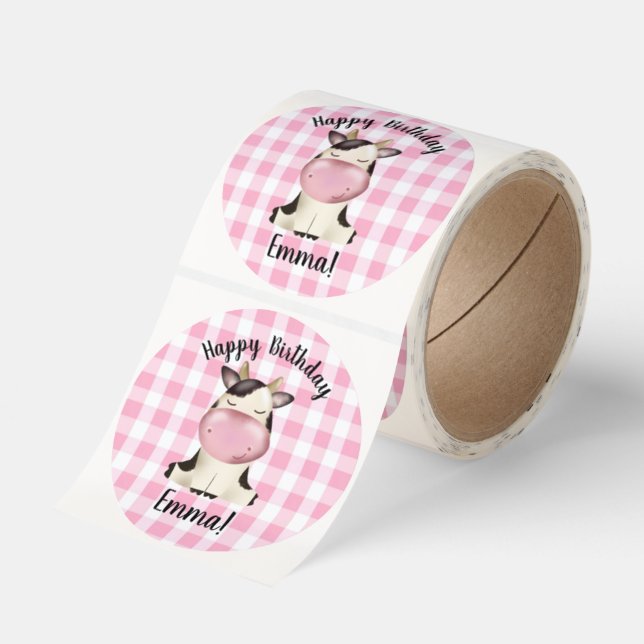 Custom Name Happy Birthday Stickers, Cow Party Classic Round Sticker (Roll)