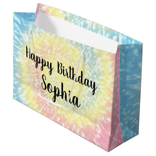 Custom Name Happy Birthday Tie Dye Hippy Swirl Large Gift Bag