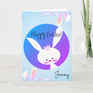 Custom Name HAPPY EASTER Cute Bunny Blue Aesthetic Card