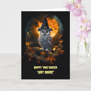Custom Name Happy Halloween with Cute Owl Fall Card