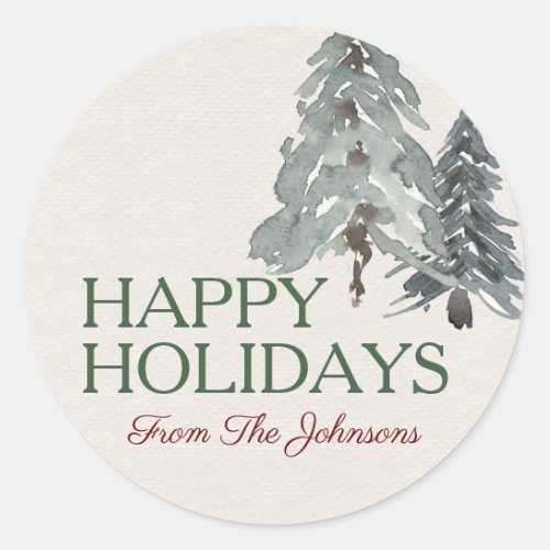 Custom Name Happy Holidays Watercolor Pine Trees Classic Round Sticker