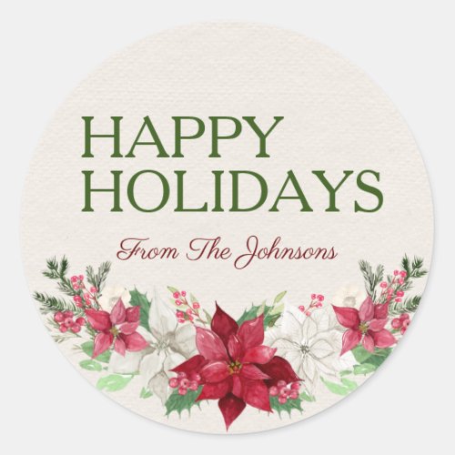 Custom Name Happy Holidays Watercolor Poinsettia Classic Round Sticker