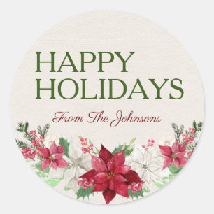 Custom Name Happy Holidays Watercolor Poinsettia Classic Round Sticker