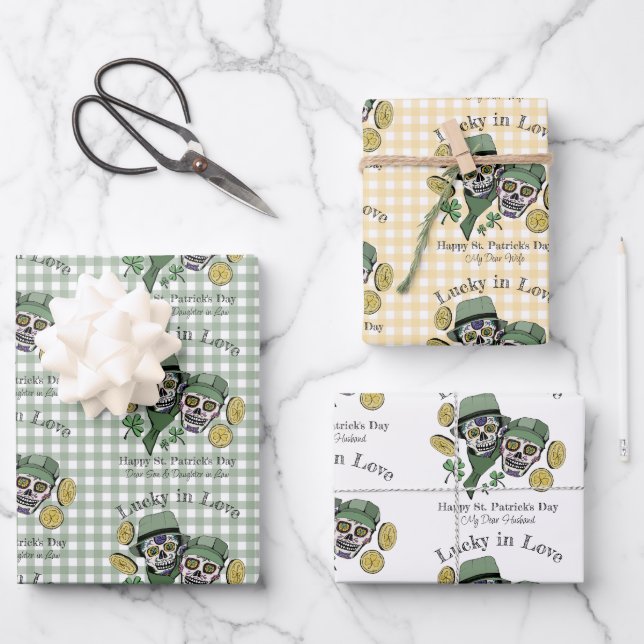 Custom Name Happy St Patricks Day Sugar Skull Wrapping Paper Sheets (Front)