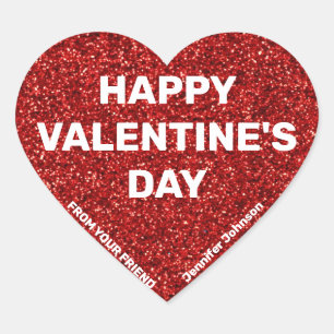 Custom Name Happy Valentine's Day Red Glitter  Heart Sticker