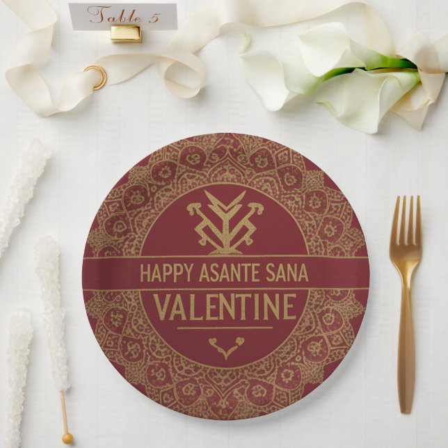 Custom Name Happy Valentine's Day: Red & Gold Lux  Paper Plates (Wedding)