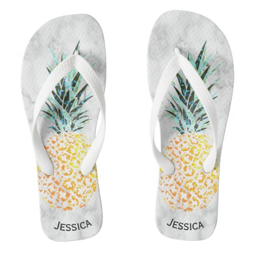 Custom Name Hawaiian Marble Pineapple Bridesmaid Flip Flops