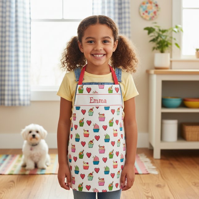 Custom Name Hearts and Ice Cream Apron for Kids (Adorable ice cream love kids apron with custom name. 🍨)