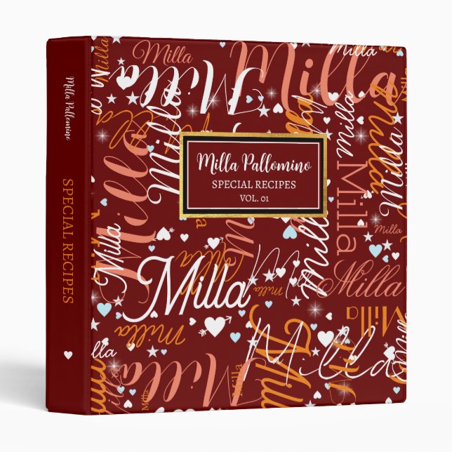 Custom Name Hearts Special Recipes 3 Ring Binder (Front/Spine)