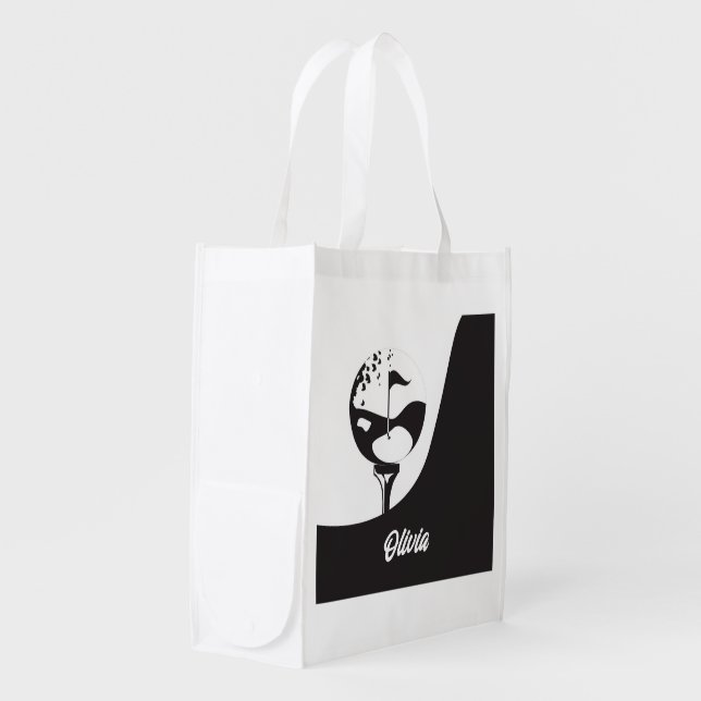 Custom Name Hello Black and White Golf  Grocery Bag (Front Side)