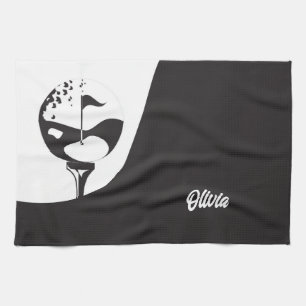 Custom Name Hello Black and White Golf Kitchen Towel