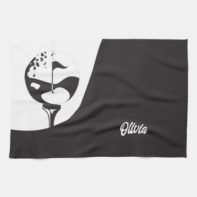 Custom Name Hello Black and White Golf  Kitchen Towel (Horizontal)