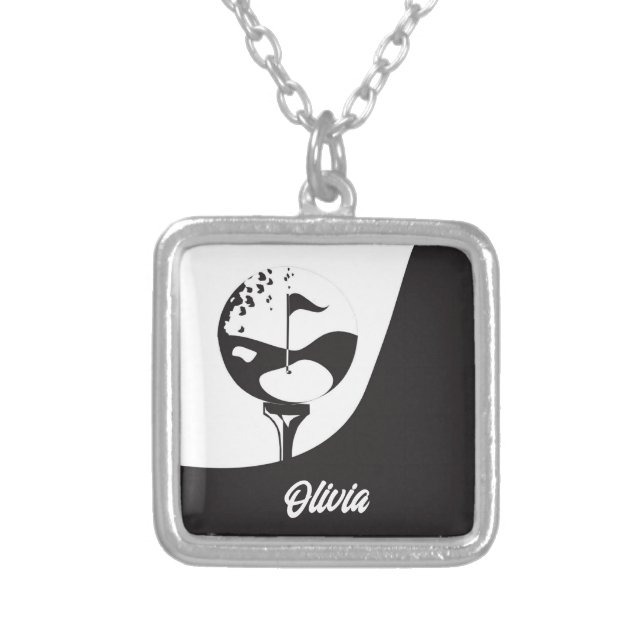 Custom Name Hello Black and White Golf  Silver Plated Necklace (Front)