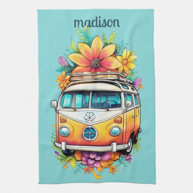 Custom Name Hippie Van Kitchen Towel (Vertical)