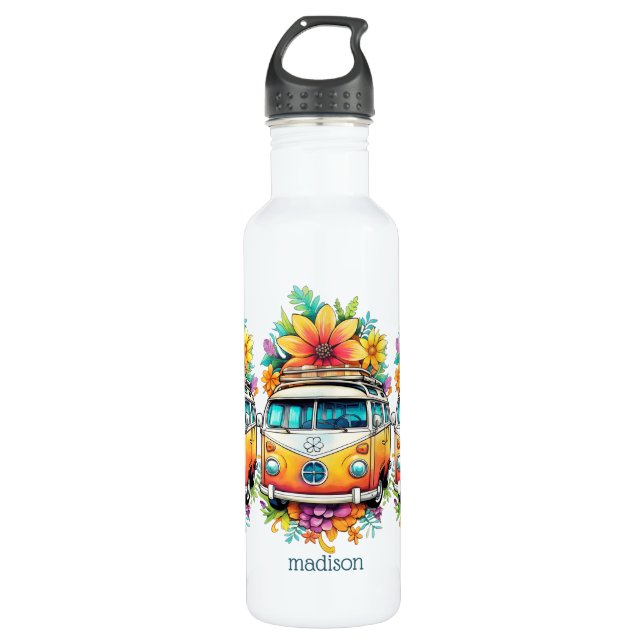 Custom Name Hippie Van Stainless Steel Water Bottle (Front)
