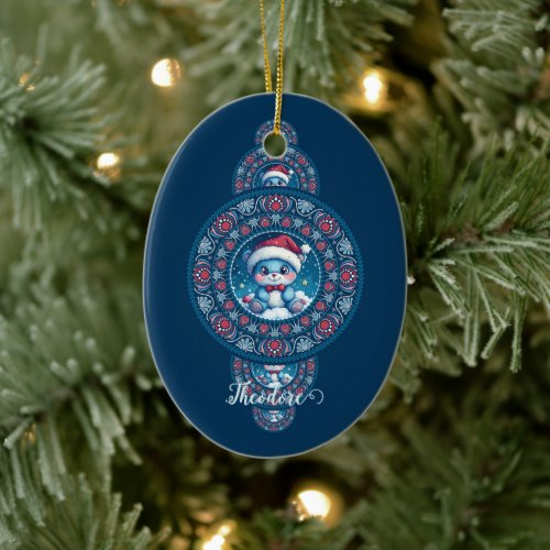 Custom Name Holiday Kawaii Bear Ornamental Mandala Ceramic Ornament