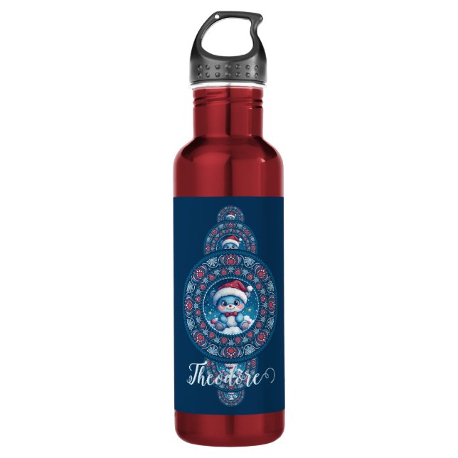 Custom Name Holiday Kawaii Bear Ornamental Mandala Stainless Steel Water Bottle (Front)