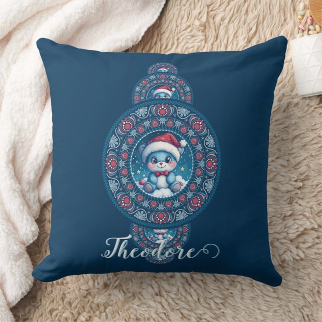 Custom Name Holiday Kawaii Bear Ornamental Mandala Throw Pillow (Blanket)