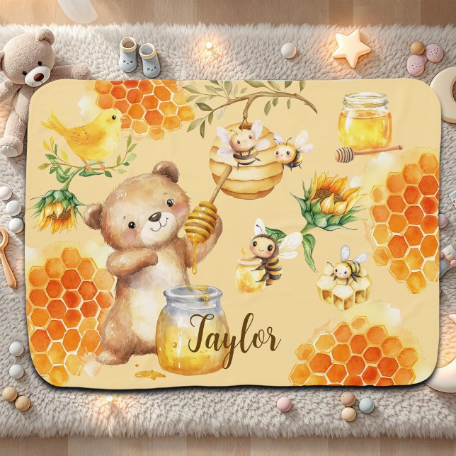 Custom Name Honey Bear Bees Baby Blanket (Creator Uploaded)