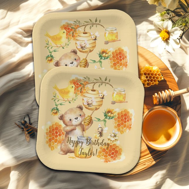 Custom Name Honey Bear Bees Birthday Party Paper Plates (Creator Uploaded)