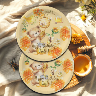Custom Name Honey Bear Bees Birthday Party Paper Plates