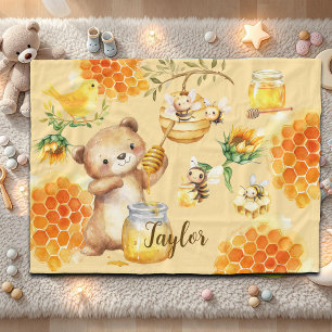 Custom Name Honey Bear Bees Kids Fleece Blanket