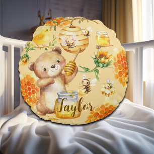 Custom Name Honey Bear Bees Round Pillow