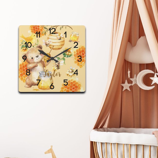 Custom Name Honey Bear Bees Square Wall Clock (Creator Uploaded)