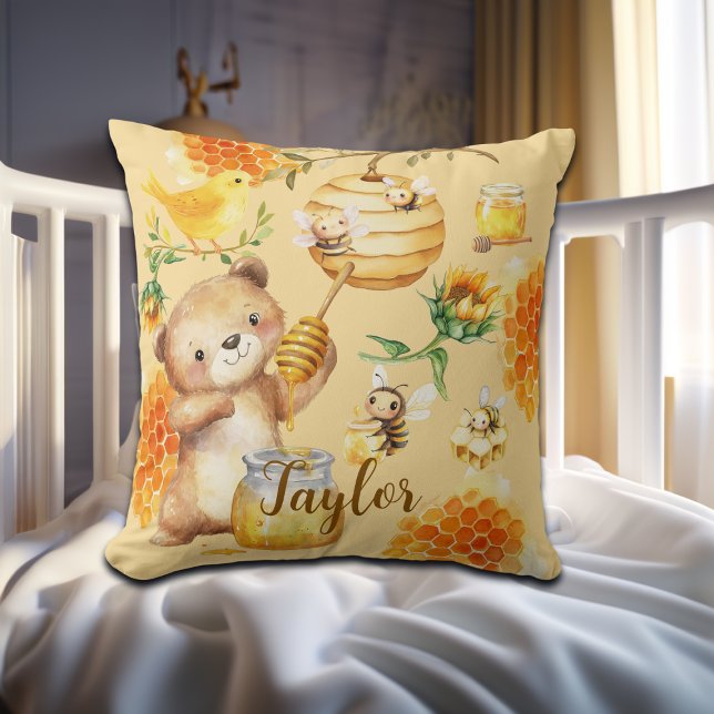 Custom Name Honey Bear Bees Throw Pillow (Creator Uploaded)