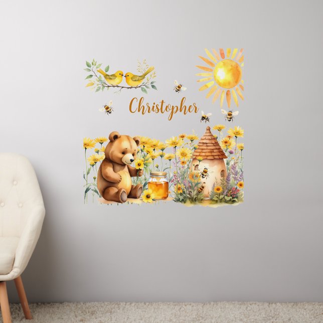 Custom Name Honey Bees Teddy Bear Wall Decal (Living Room 2)