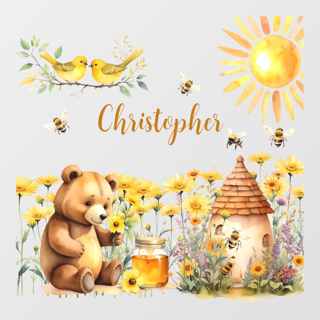 Custom Name Honey Bees Teddy Bear Wall Decal (Front)