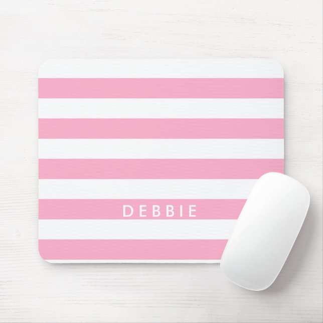 Custom name horizontal stripes pink & white mouse pad (With Mouse)