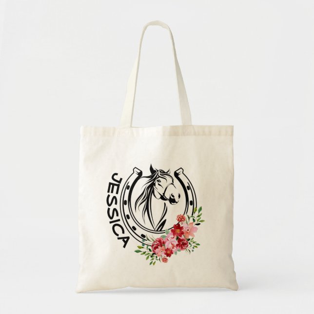 Custom Name Horse Floral horseshoe Tote Bag (Front)