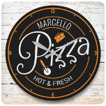 Custom NAME Hot Fresh Italian Pizza Pizzeria Round Clock<br><div class="desc">Custom NAME Hot Fresh Italian Pizza Pizzeria Design - Classic Italy Pizza Pie Style! Customize with your Name or Custom Text - Pizzaiolo or Pizzaiola Baker Chef</div>