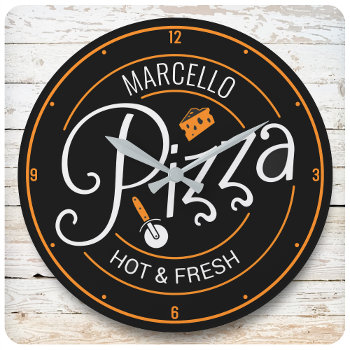 Custom Name Hot Fresh Italian Pizza Pizzeria Round Clock by GyftGuru at Zazzle
