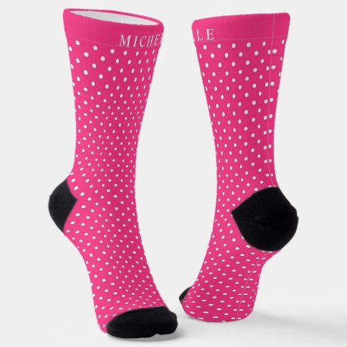 Custom Name Hot Magenta Pink White White Polka Dot Socks