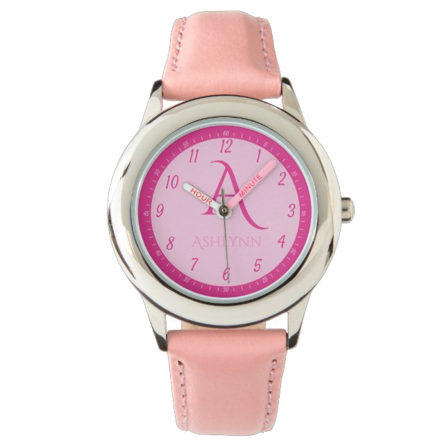 Custom Name Hot Pink Girls Monogram Learning  Watch (Front)