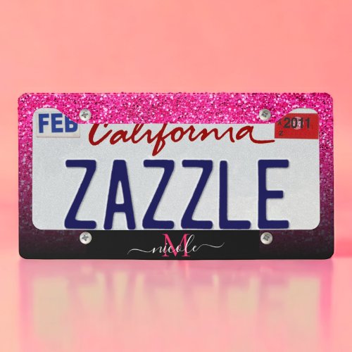 Custom Name Hot Pink Glitter and Matte Black Ombre License Plate Frame