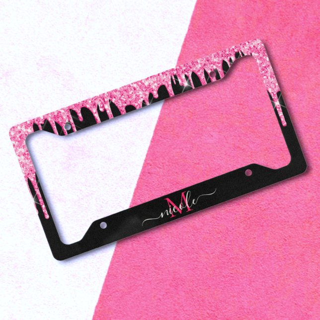 Custom Name Hot Pink Glitter Drip on Matte Black  License Plate Frame (Creator Uploaded)