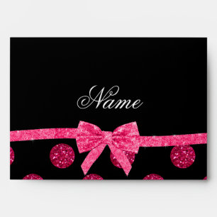Custom name hot pink glitter polka dots bow envelope
