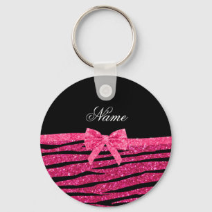 Custom name hot pink glitter zebra stripes bow keychain