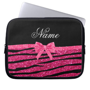 Custom name hot pink glitter zebra stripes bow laptop sleeve