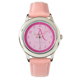 Custom Name Hot Pink Kids Monogram Learning Watch