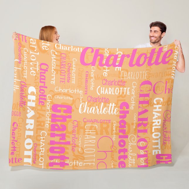 Custom Name Hot Pink Orange Pattern Personalized Fleece Blanket (In Situ)