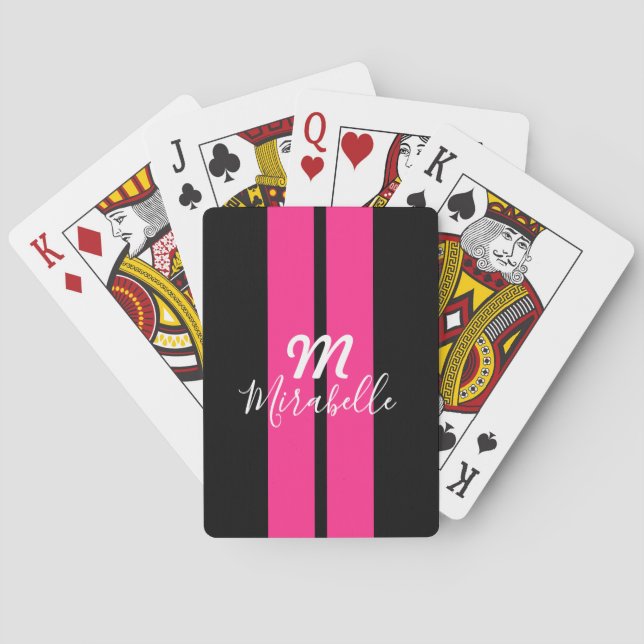 Custom Name Hot Pink Racing Stripe Monogrammed Poker Cards (Back)