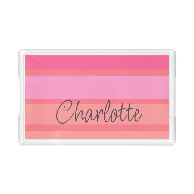 Custom name Hot pink stripes Acrylic Tray (Front)