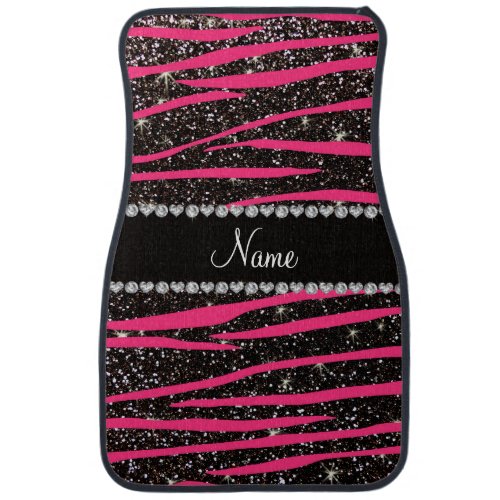 Custom name hot pink zebra stripes black glitter car floor mat