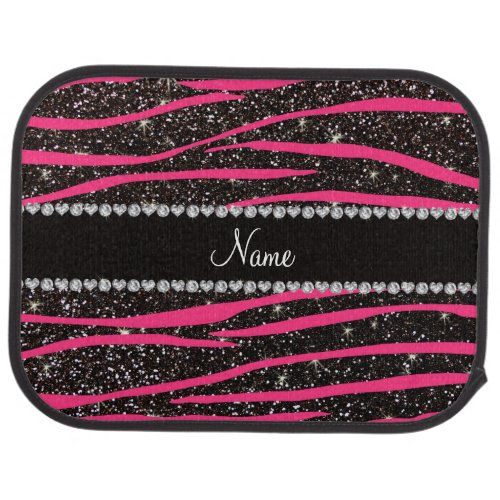 Custom name hot pink zebra stripes black glitter car mat