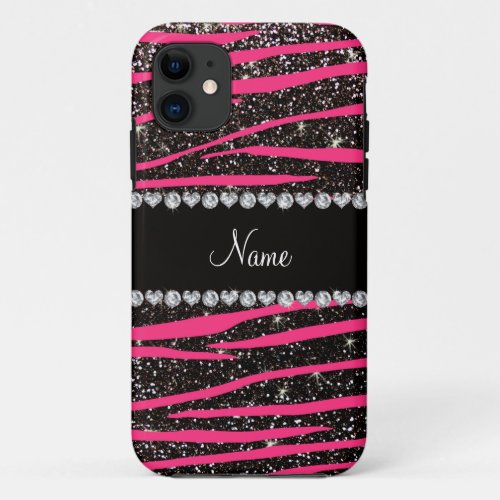 Custom name hot pink zebra stripes black glitter iPhone 11 case