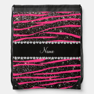 Custom name hot pink zebra stripes black glitter drawstring bag